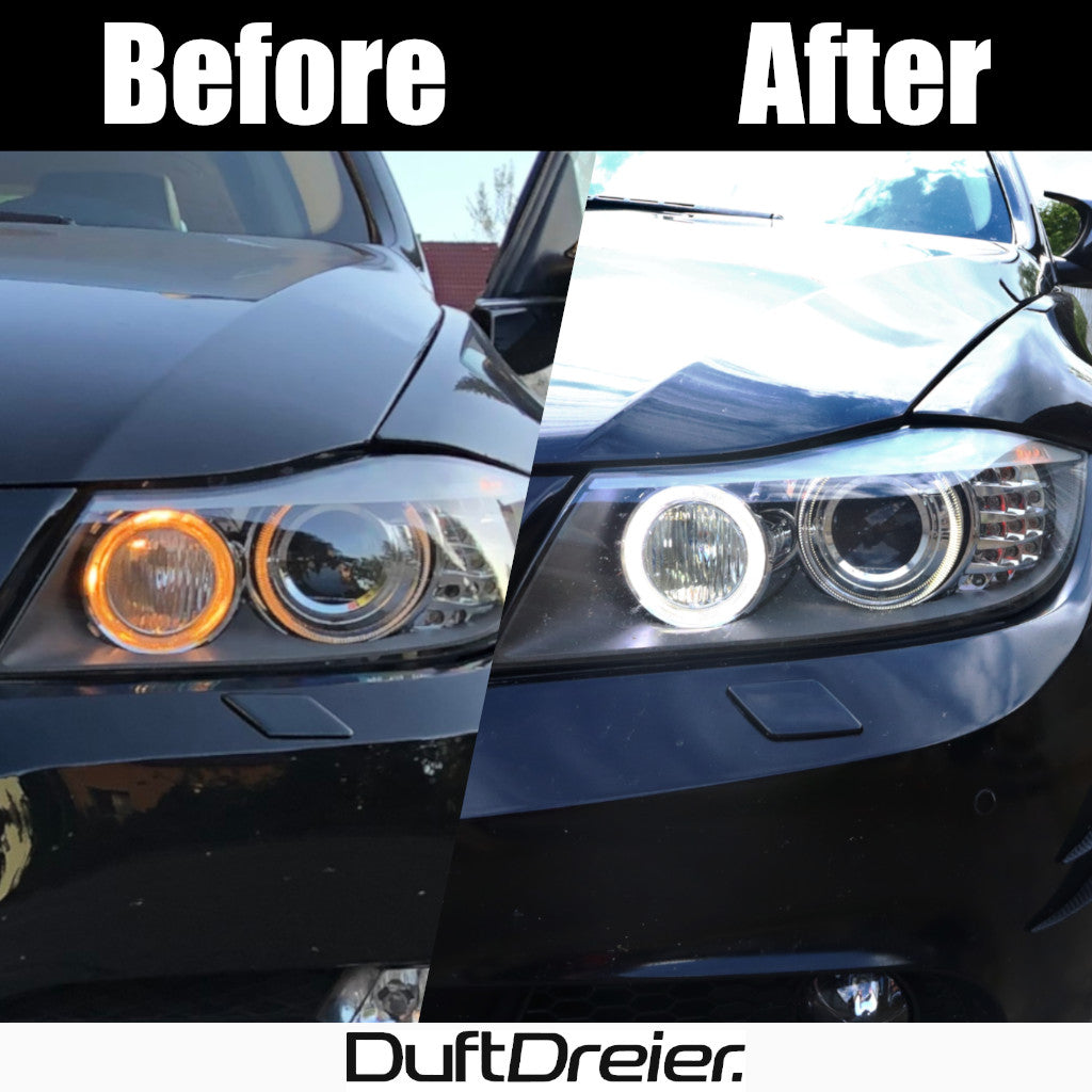 LED Angel Eyes vorher und nachher an einem schwarzen bmw e91